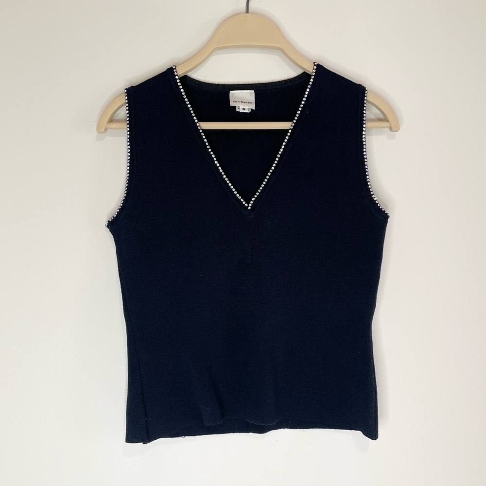 Vintage Von Saken Womens Rhinestone V-Neck Vest 90s Office Siren Stretch goth S